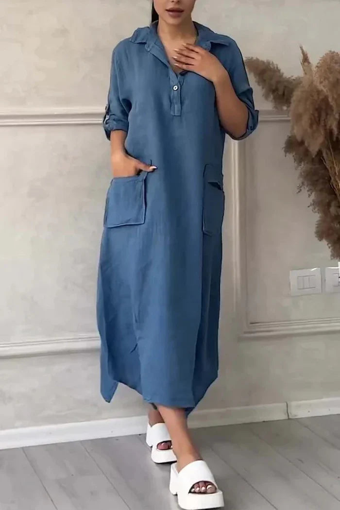 Casual Lapel Pockets Long Dress